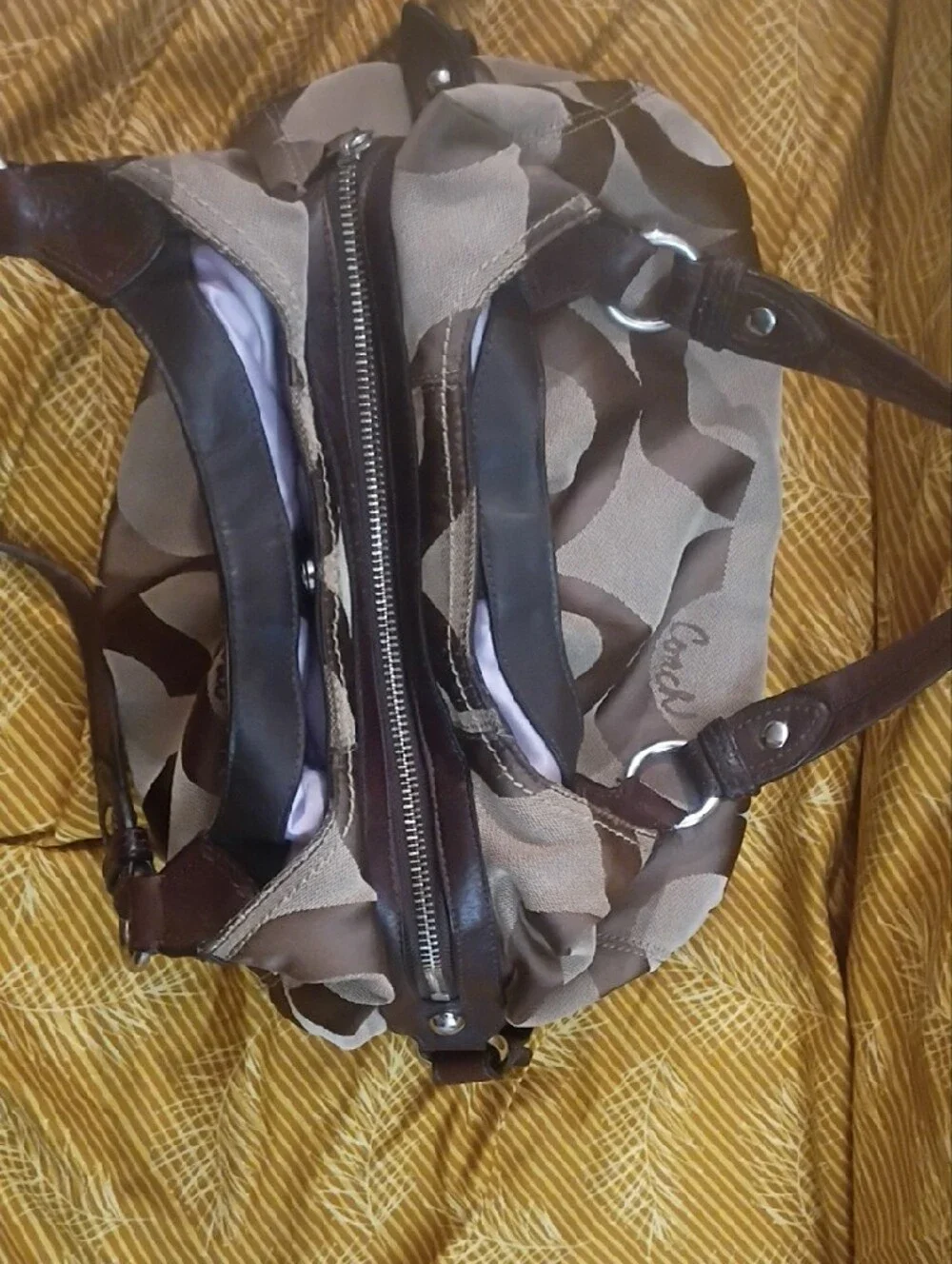 Coach Signature Hobo Bag in Taupe and Dark Brown